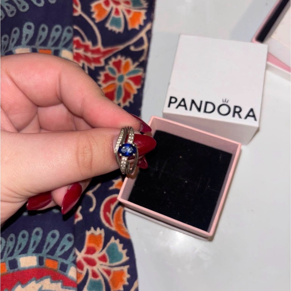 Pandora Silver Ring with Deep Blue Gem